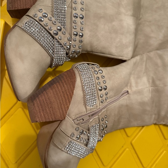 Not Rated Beige Heeled Boots with Rhinestone Straps - Picture 9 of 10